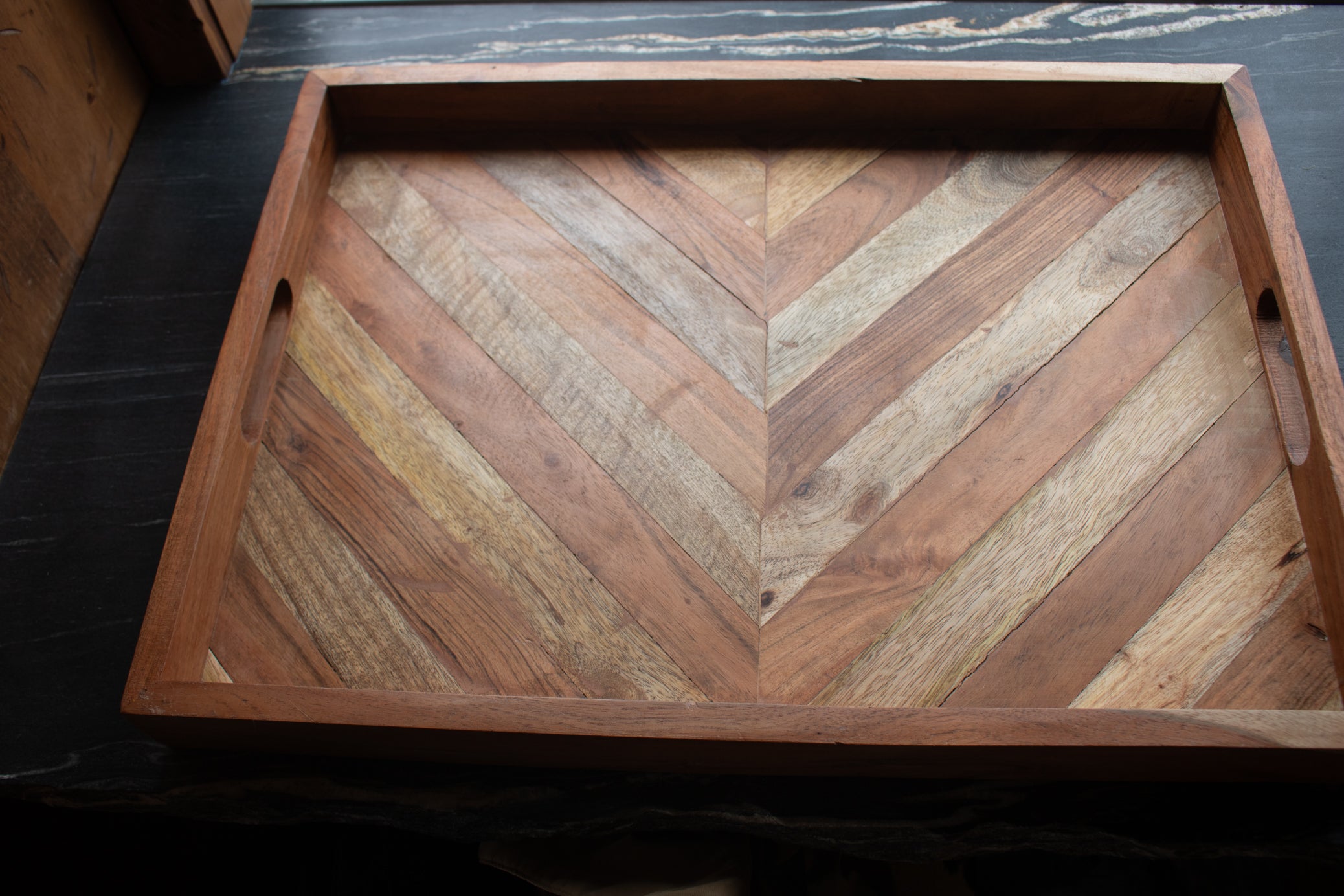Chevron Wood Serving Tray w/ handles 22" x 16" x 2"