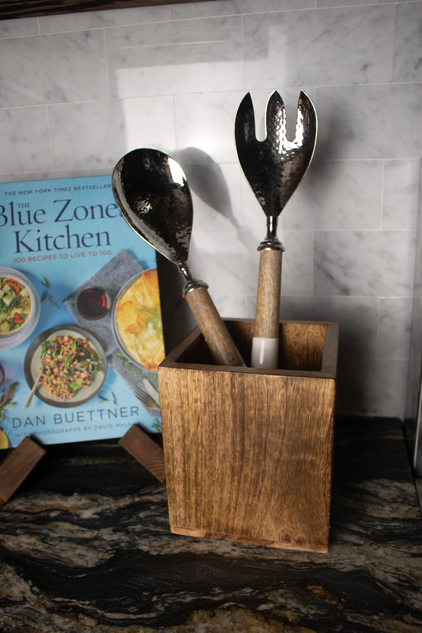 Silver Serving Spoon 2 Piece Set with Wooden White Handles