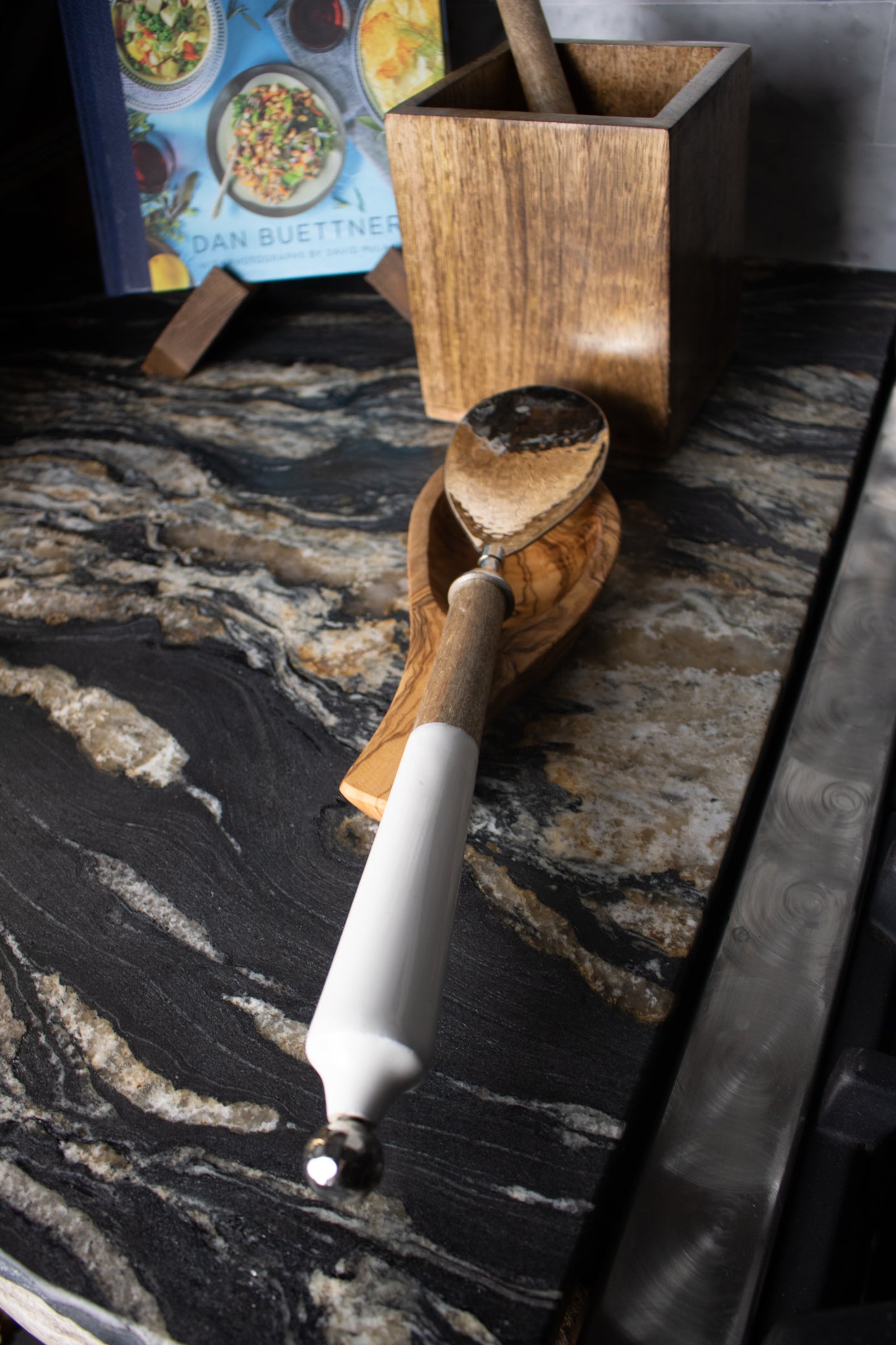 Silver Serving Spoon 2 Piece Set with Wooden White Handles