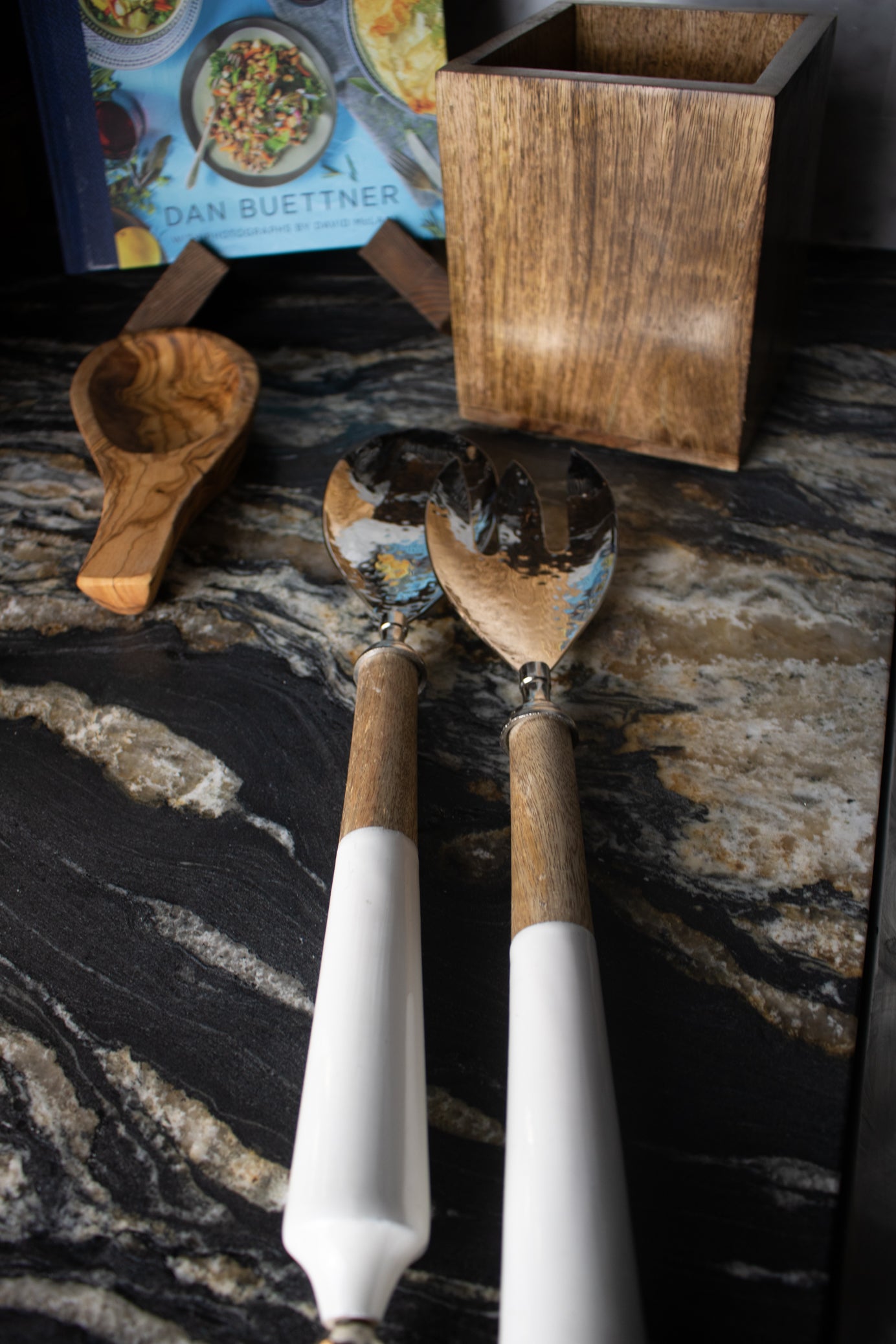 Silver Serving Spoon 2 Piece Set with Wooden White Handles