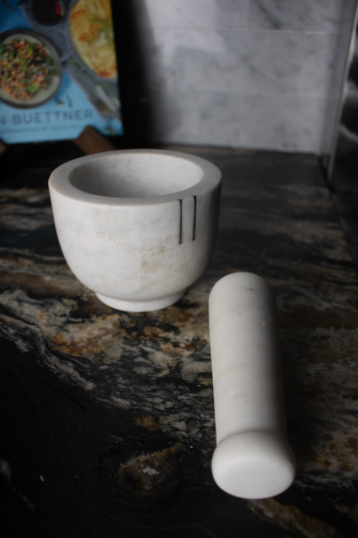 White Marble Herb Grinder and Matching Pestle with Gold Accent