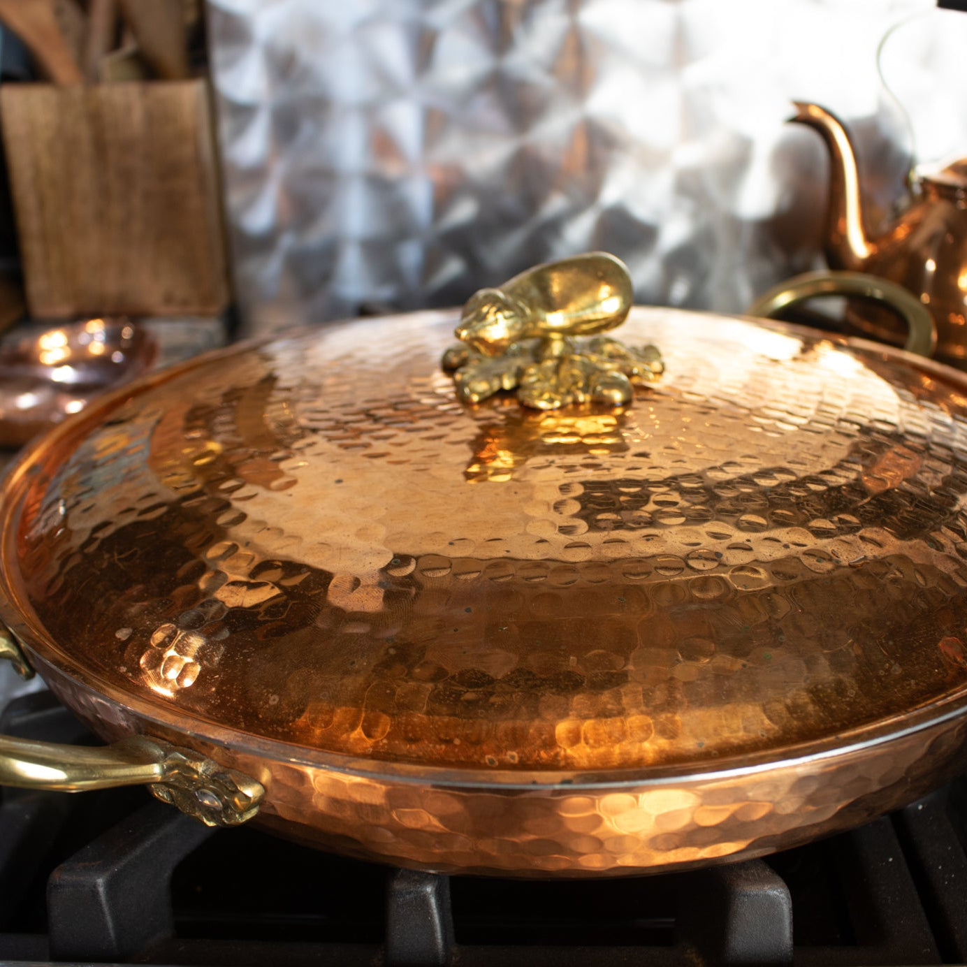 Ruffoni Medium Copper Saucepan with Gold Eggplant Handle