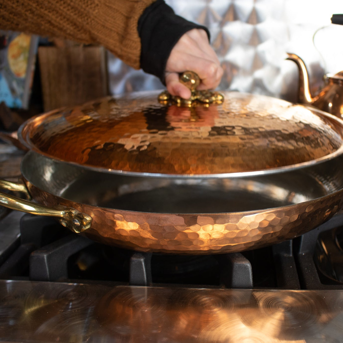 Ruffoni Medium Copper Saucepan with Gold Eggplant Handle