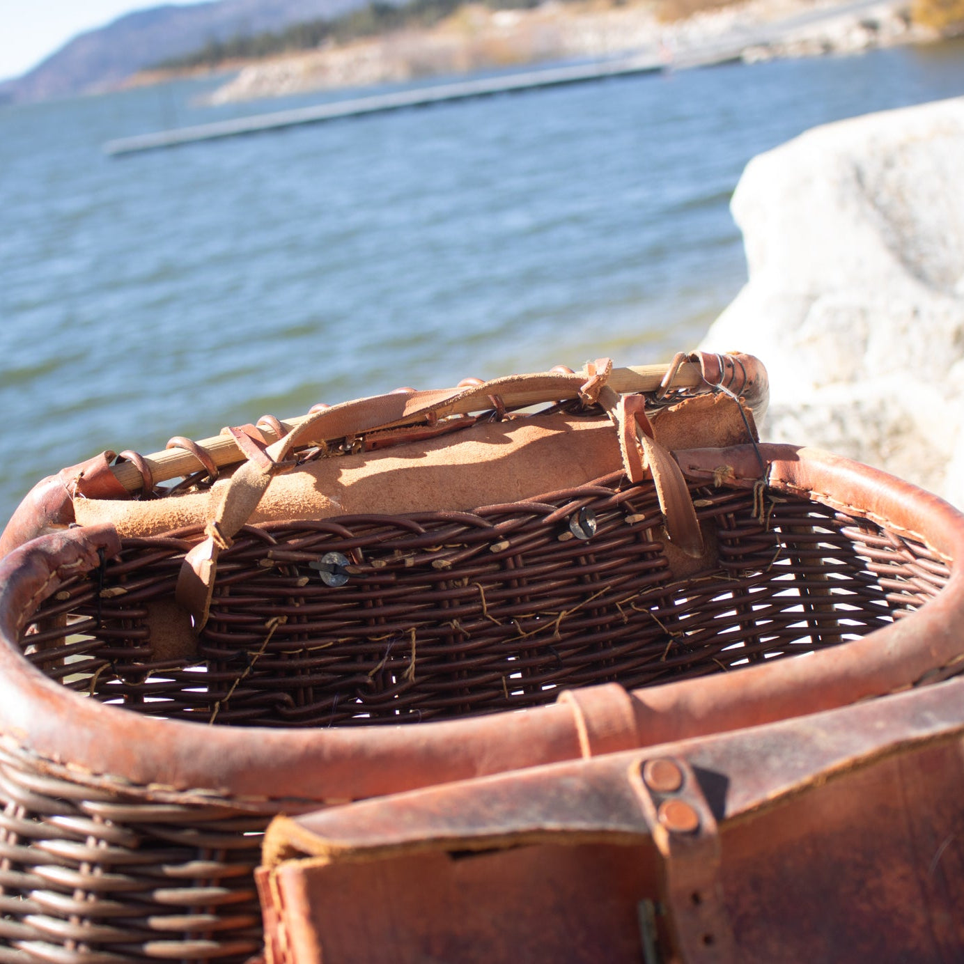 Vintage Fishing Creel Dark Brown Wicker Basket with a Pocket