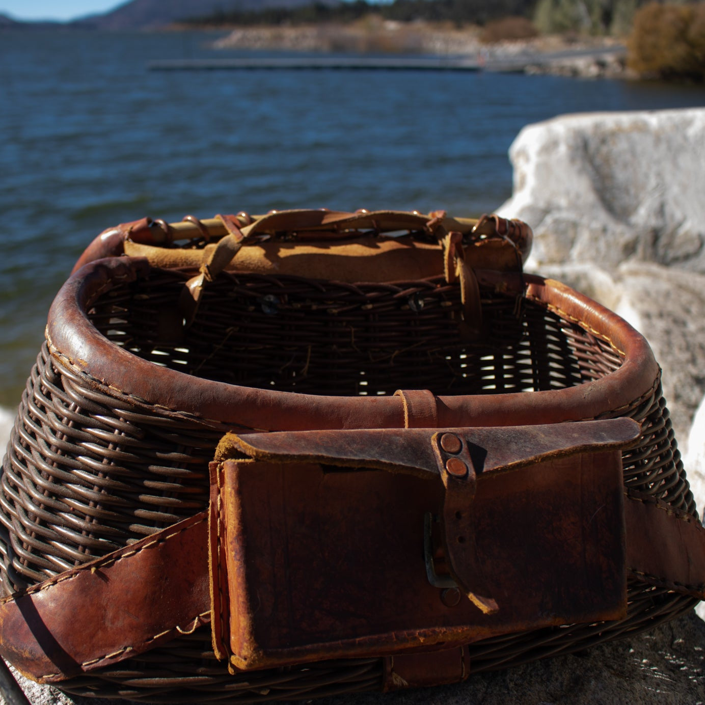 Vintage Fishing Creel Dark Brown Wicker Basket with a Pocket