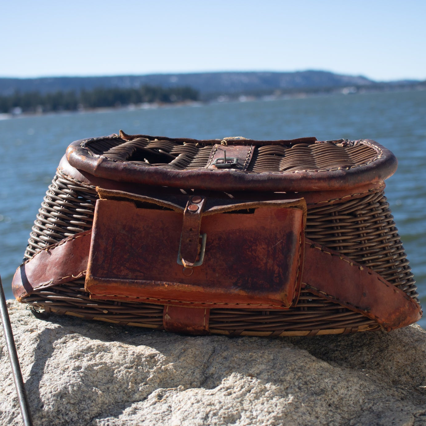Vintage Fishing Creel Dark Brown Wicker Basket with a Pocket