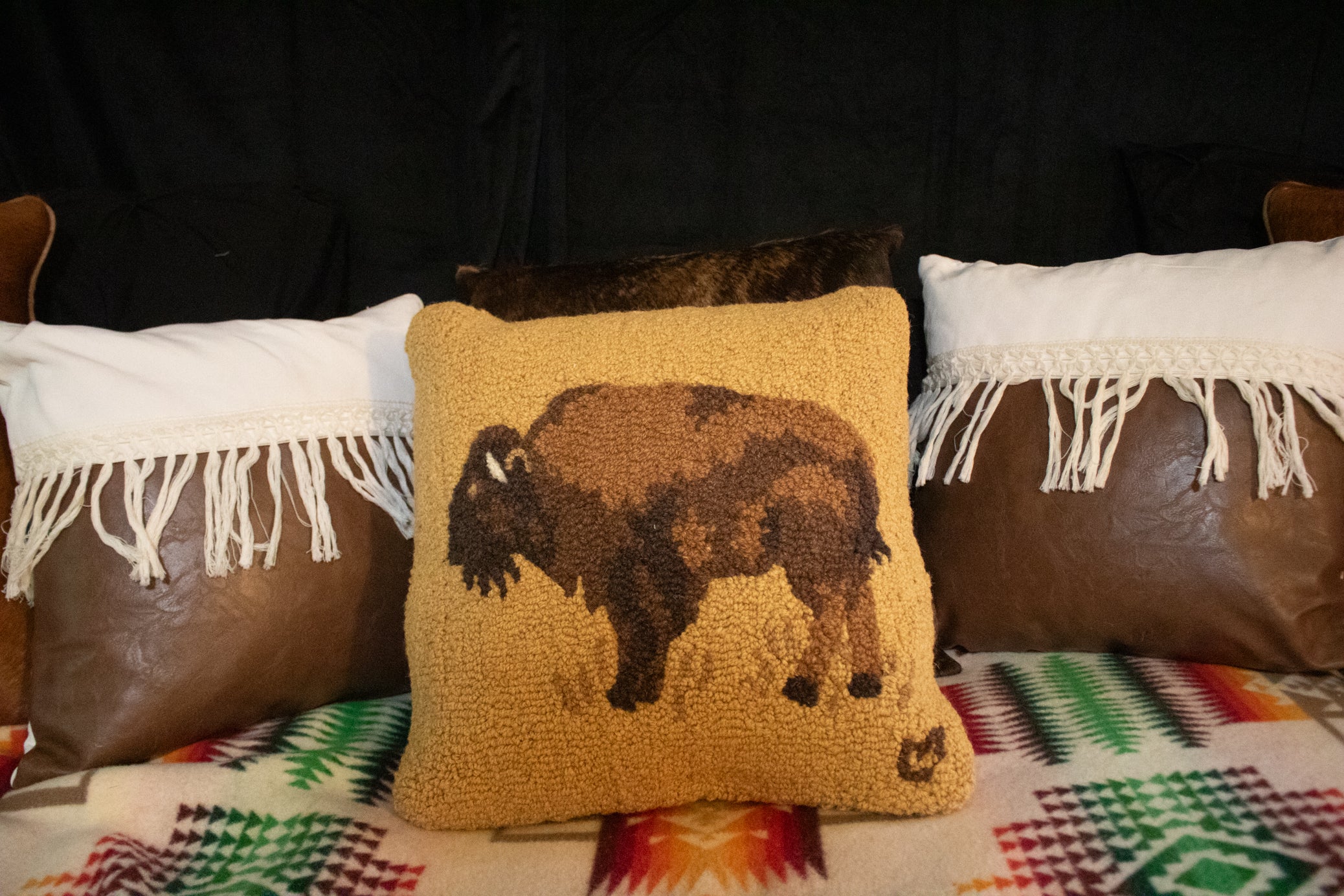 Chandler 4 corners Golden Buffalo Hooked Wool Pillow 18"W x 18"L