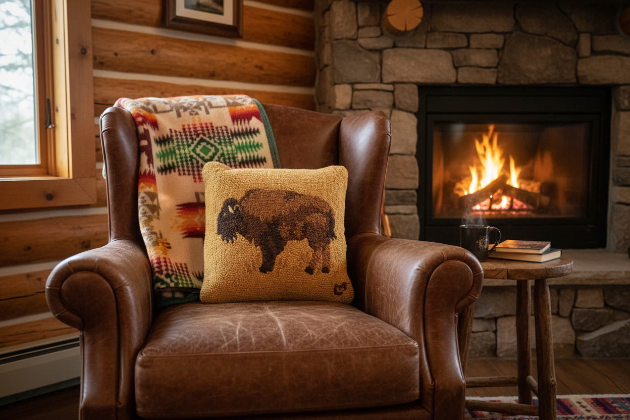 Chandler 4 corners Golden Buffalo Hooked Wool Pillow 18"W x 18"L