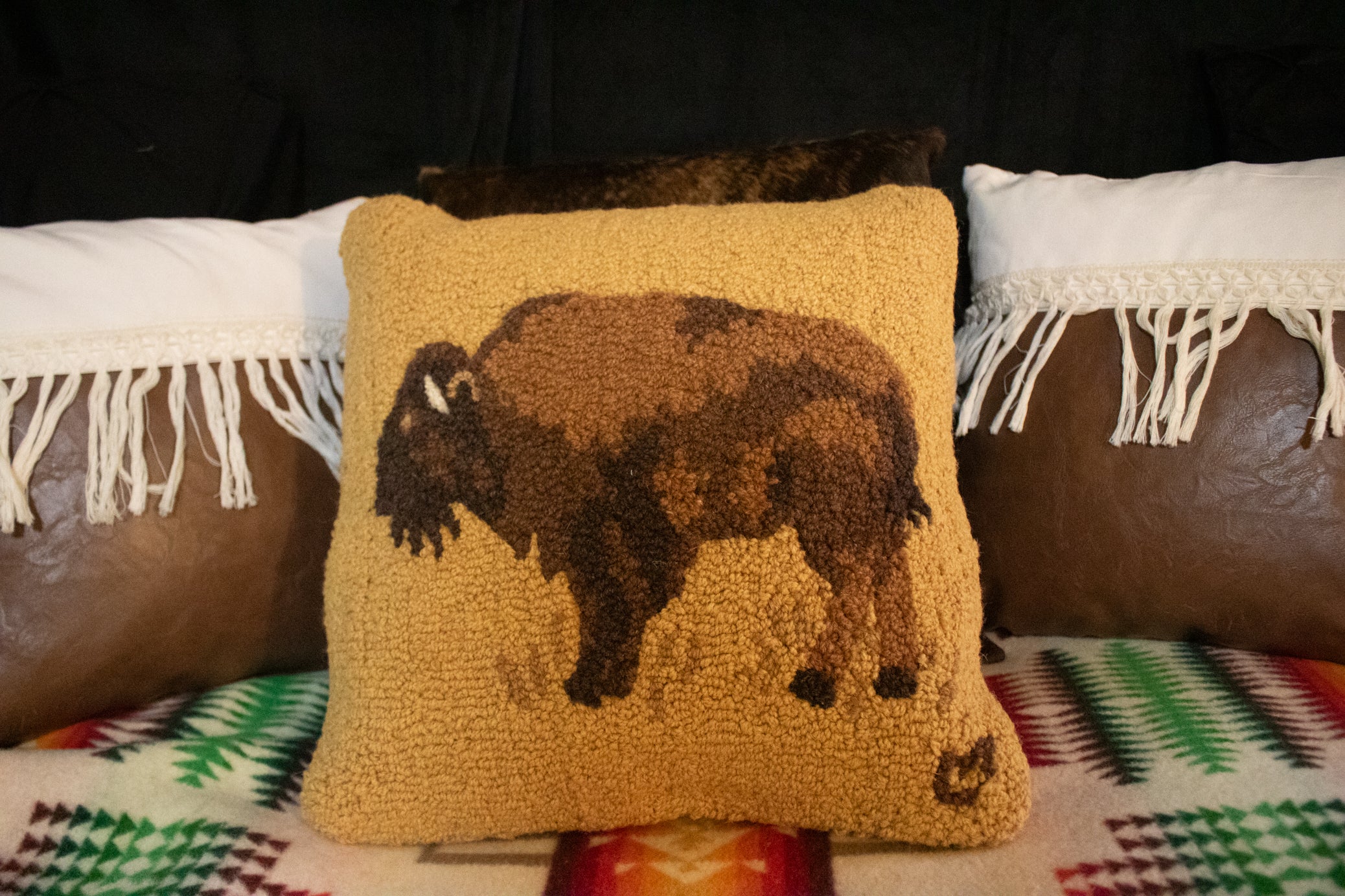 Chandler 4 corners Golden Buffalo Hooked Wool Pillow 18"W x 18"L