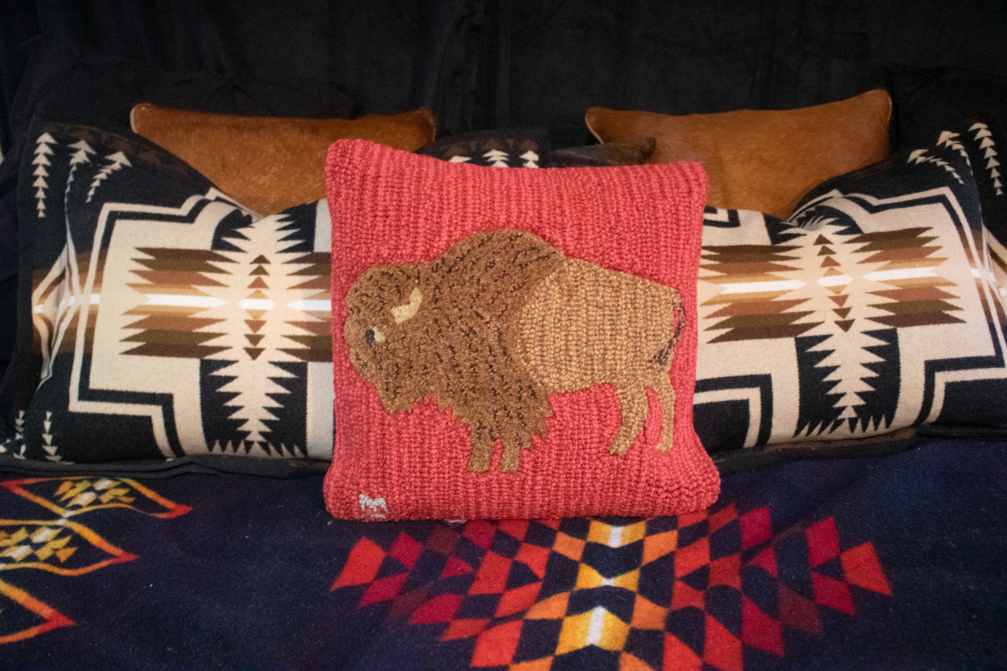 Chandler 4 corners Buffalo Red Hooked Wool Pillow 18"W x 18"L