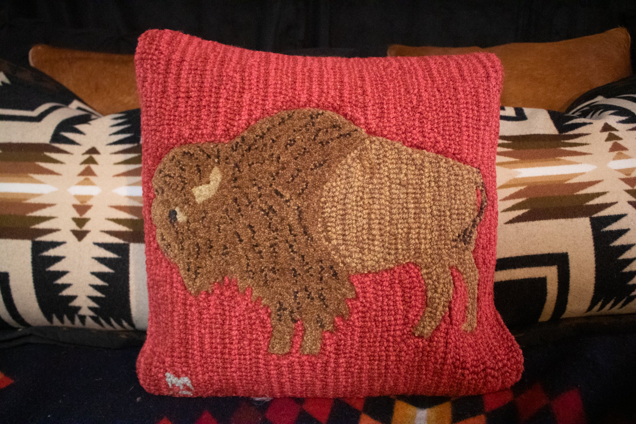 Chandler 4 corners Buffalo Red Hooked Wool Pillow 18"W x 18"L