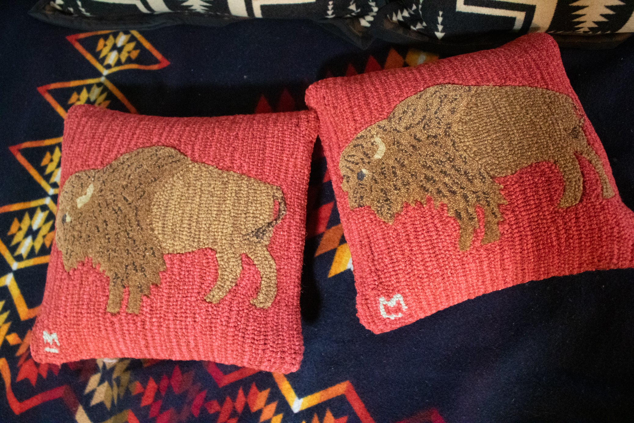 Chandler 4 corners Buffalo Red Hooked Wool Pillow 18"W x 18"L