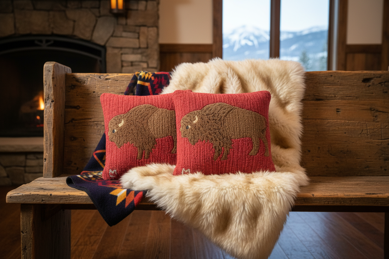 Chandler 4 corners Buffalo Red Hooked Wool Pillow 18"W x 18"L