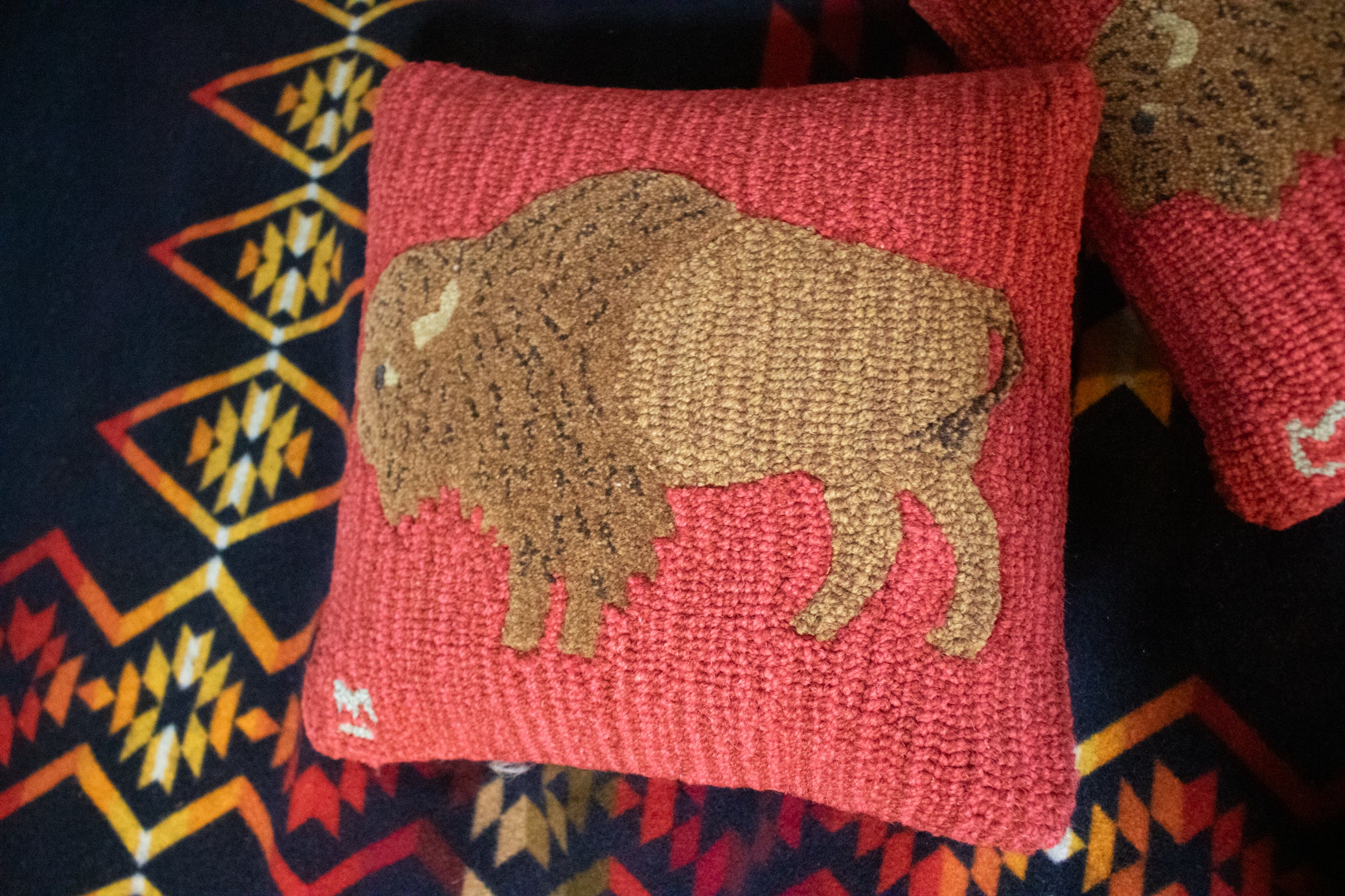Chandler 4 corners Buffalo Red Hooked Wool Pillow 18"W x 18"L