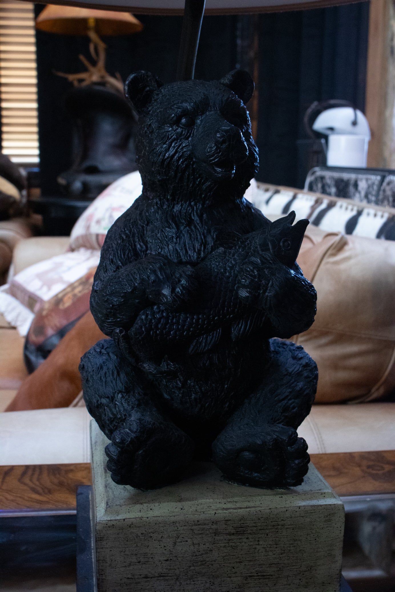 Decrotive Lamp Depicting a Black Bear Sitting with a Fish and Beautiful Lamp Shade