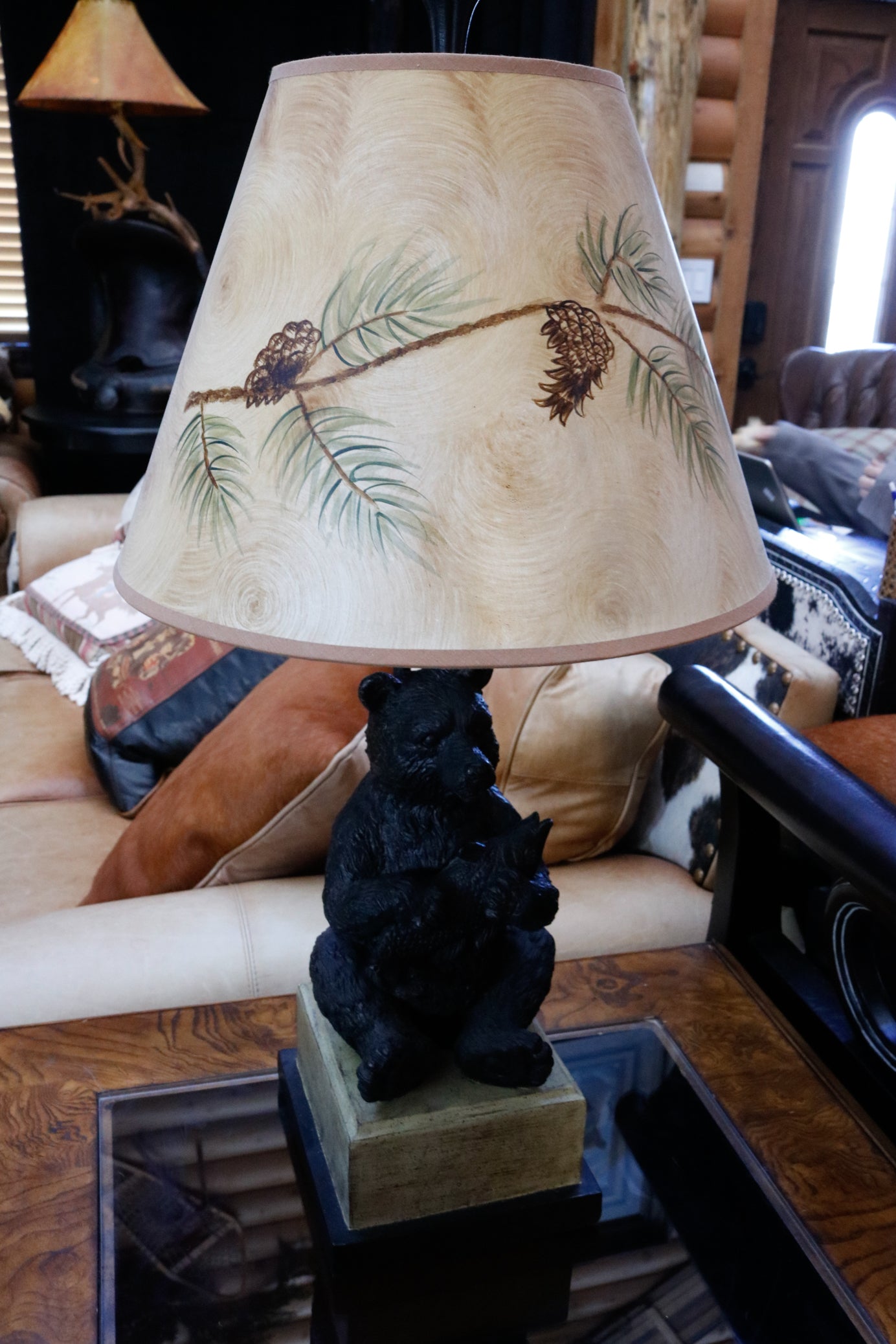 Decrotive Lamp Depicting a Black Bear Sitting with a Fish and Beautiful Lamp Shade