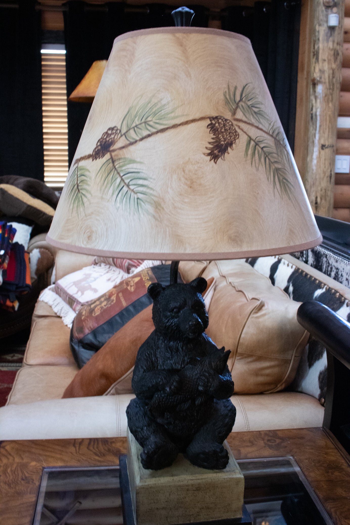 Decrotive Lamp Depicting a Black Bear Sitting with a Fish and Beautiful Lamp Shade