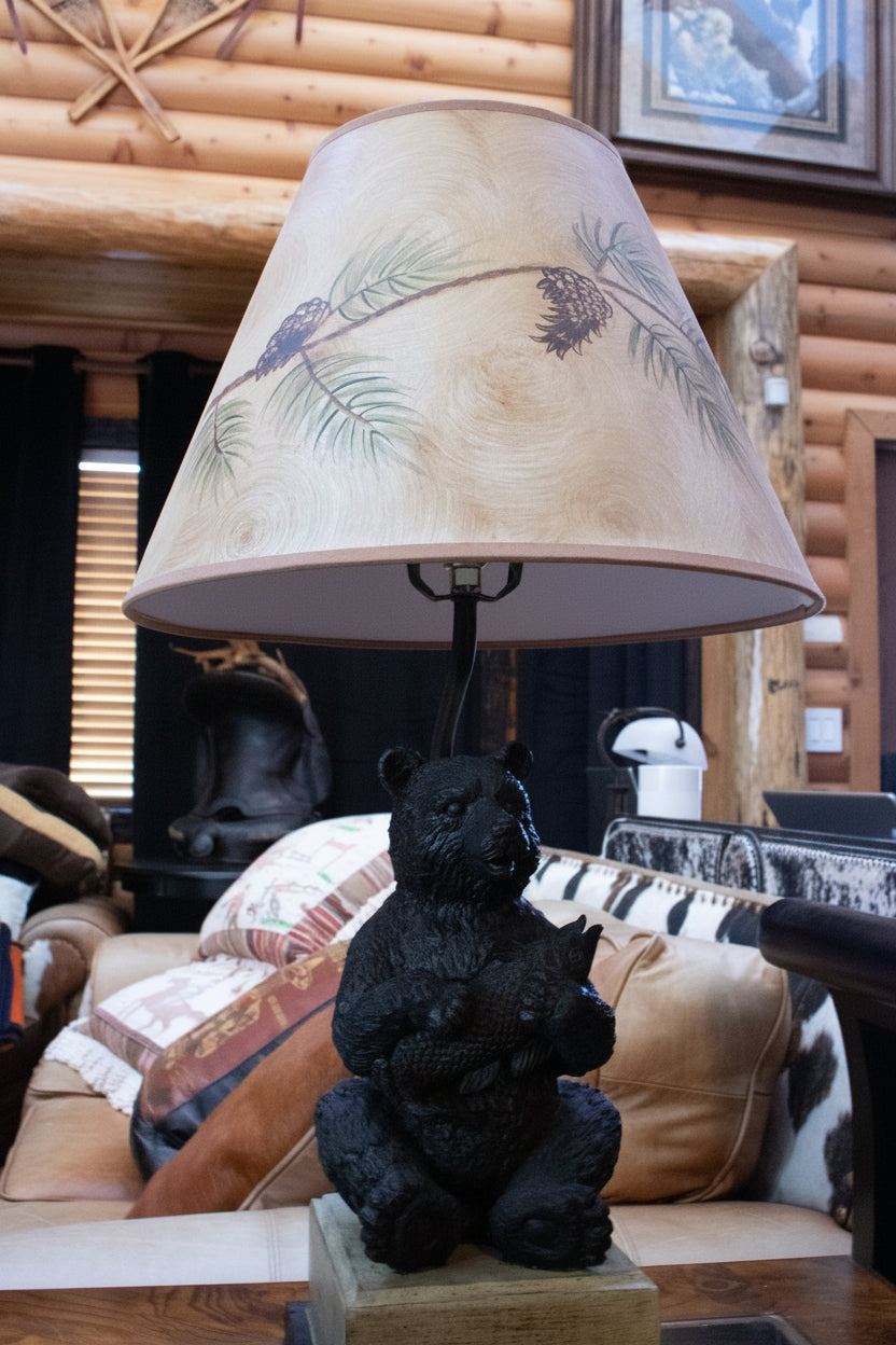 Decorative Black Bear Lamp with Fish and Nature Inspired Lampshade