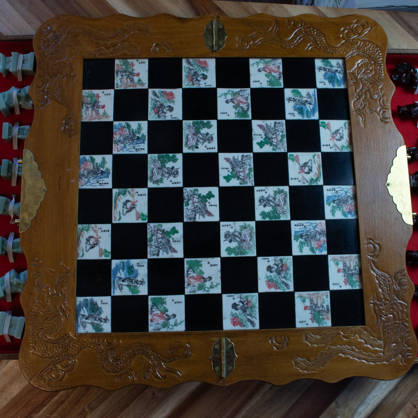 Antique Asian Emperor’s Court Chess Set Foldable Board with Drawers for the Carved Jade & Mahogany Pieces