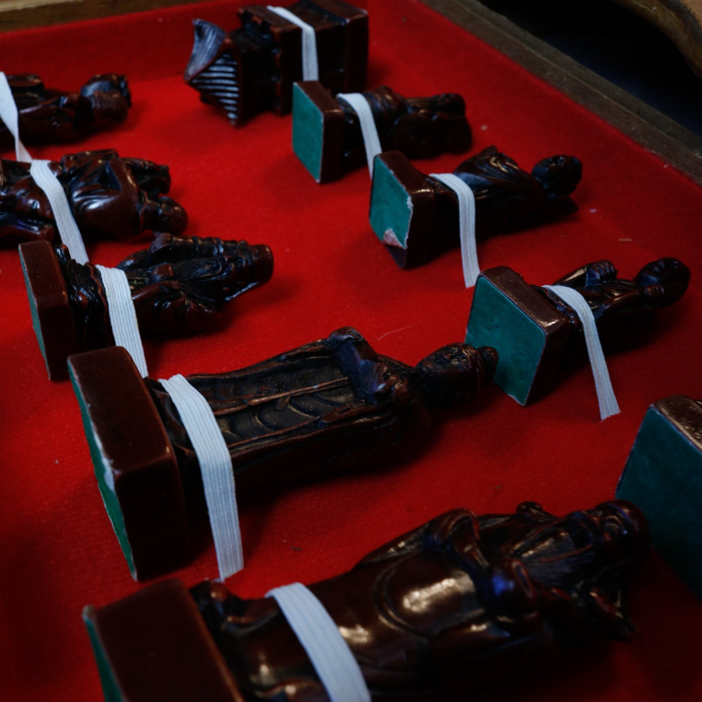 Antique Asian Emperor’s Court Chess Set Foldable Board with Drawers for the Carved Jade & Mahogany Pieces