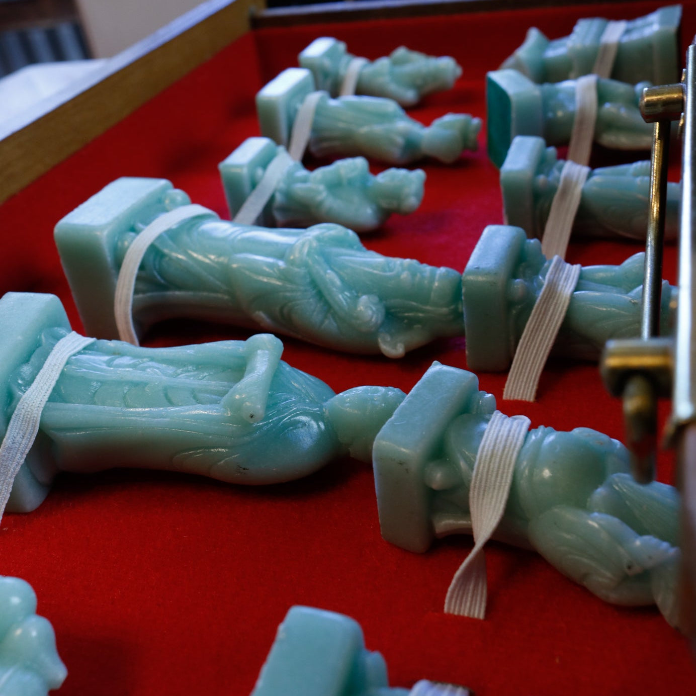 Antique Asian Emperor’s Court Chess Set Foldable Board with Drawers for the Carved Jade & Mahogany Pieces