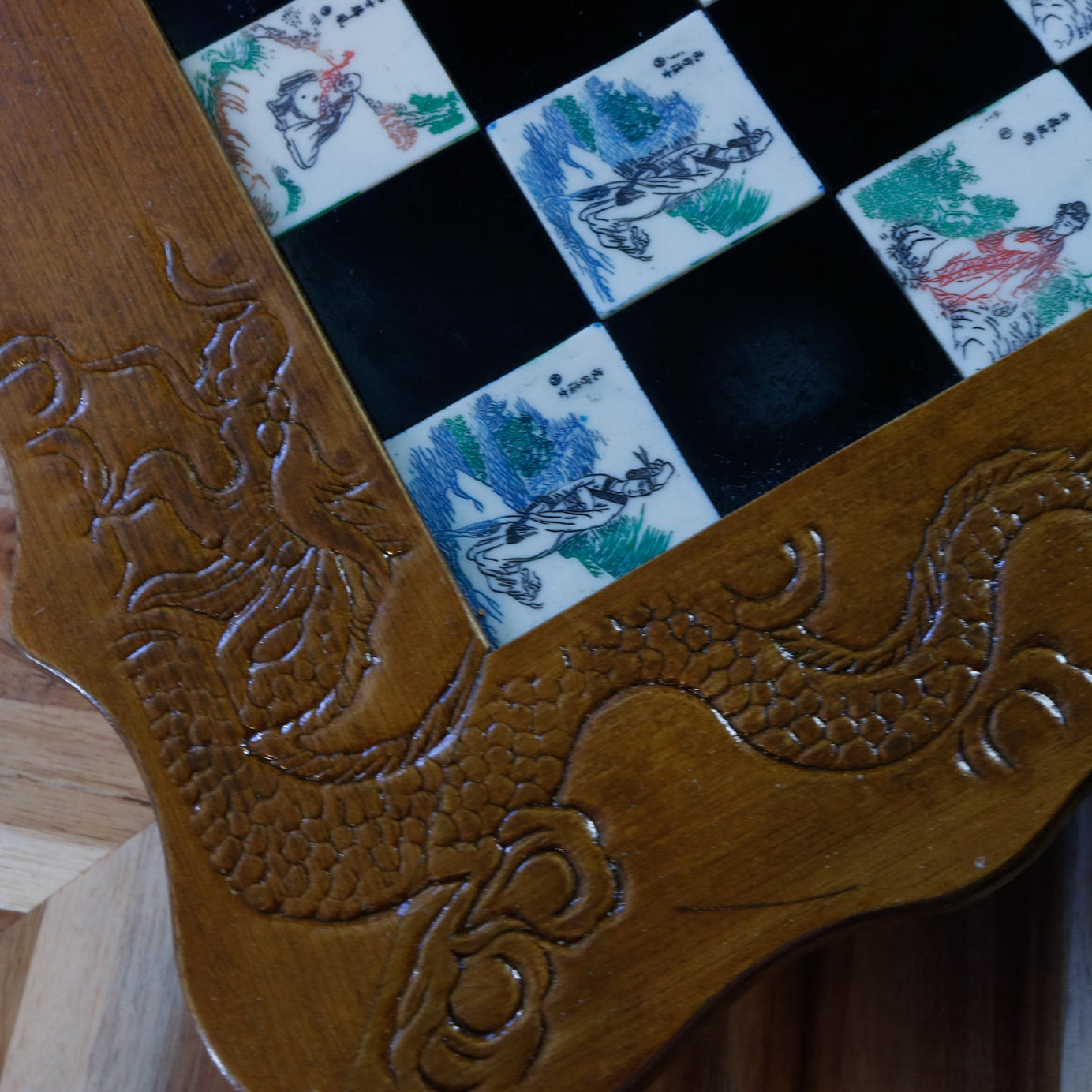 Antique Asian Emperor’s Court Chess Set Foldable Board with Drawers for the Carved Jade & Mahogany Pieces