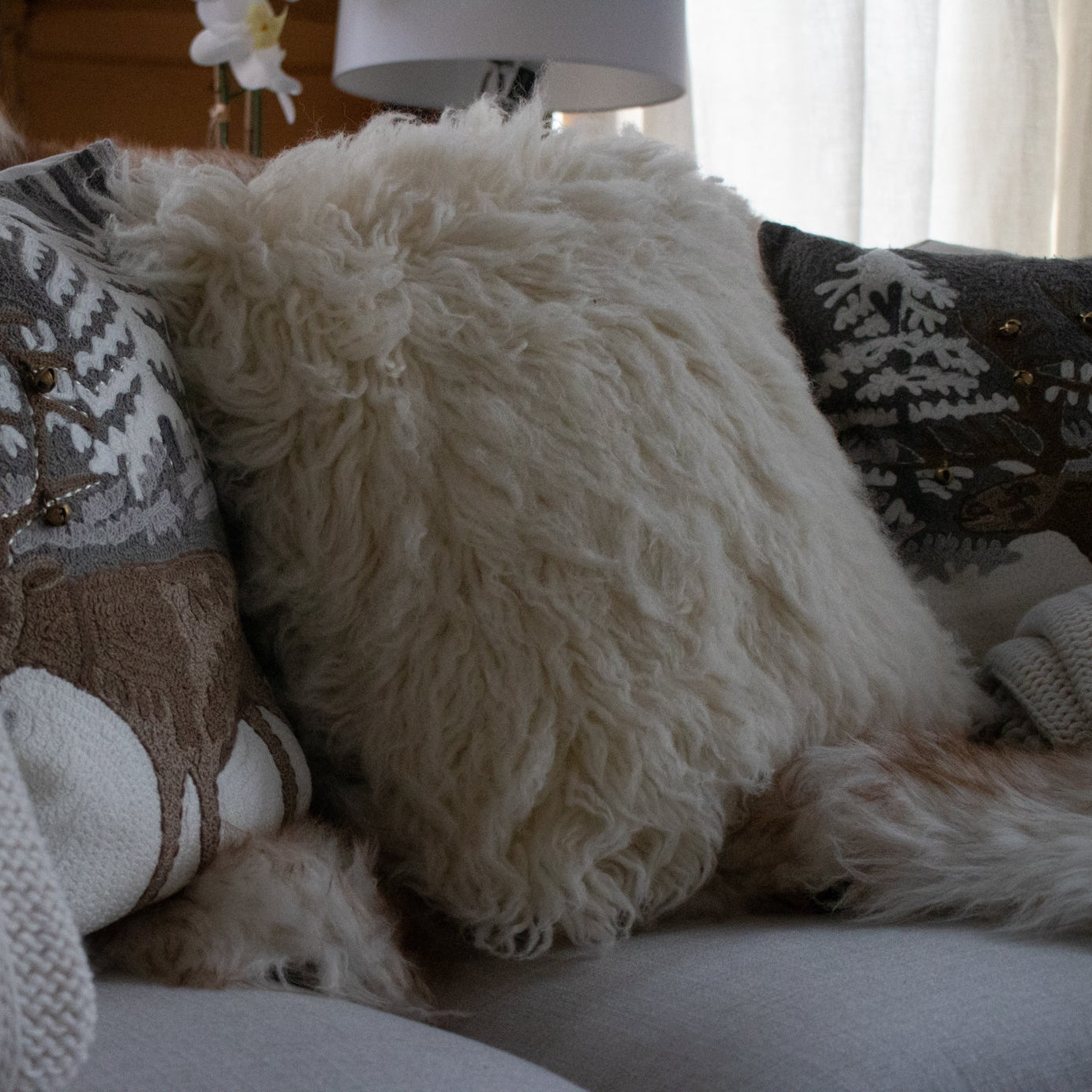Super Fluffy Fur Texture 16" x 16" White Cotton Plush Pillow with a Removeable Case