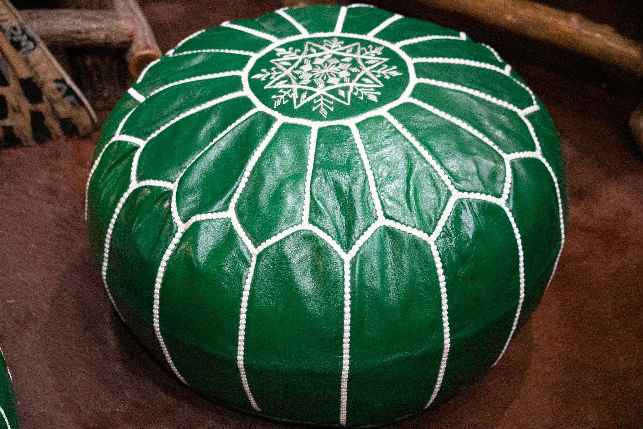 Moroccan Leather Pouf Ottoman White Stitching Details