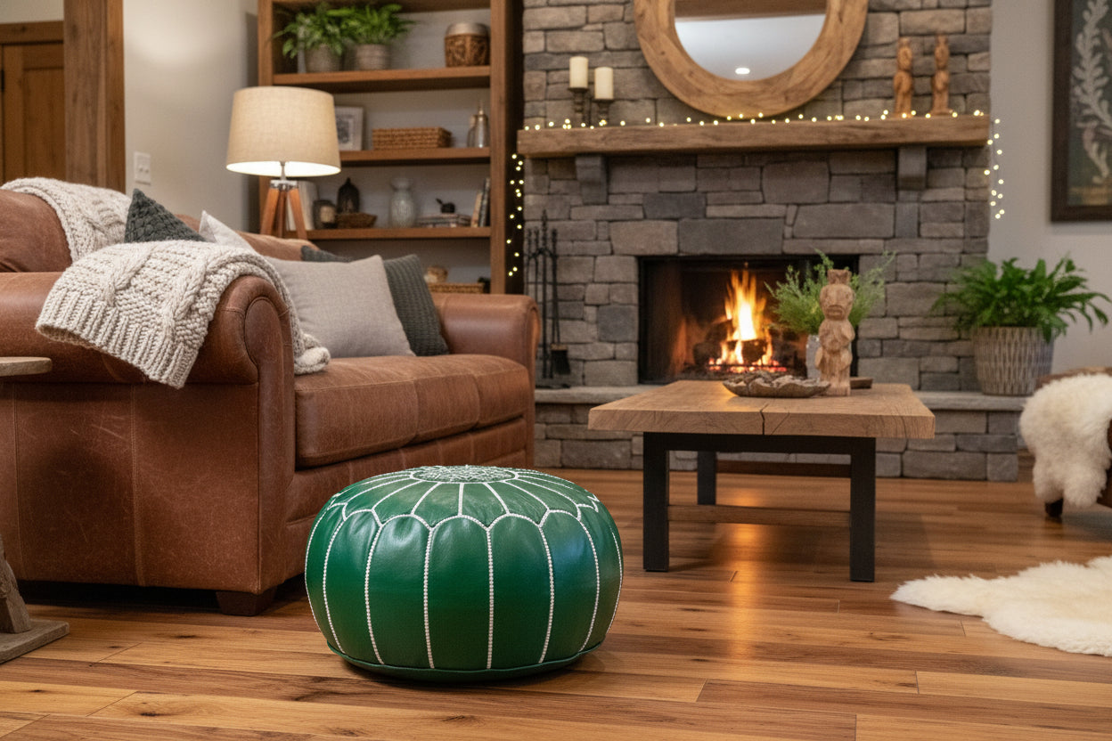 Moroccan Leather Pouf Ottoman White Stitching Details