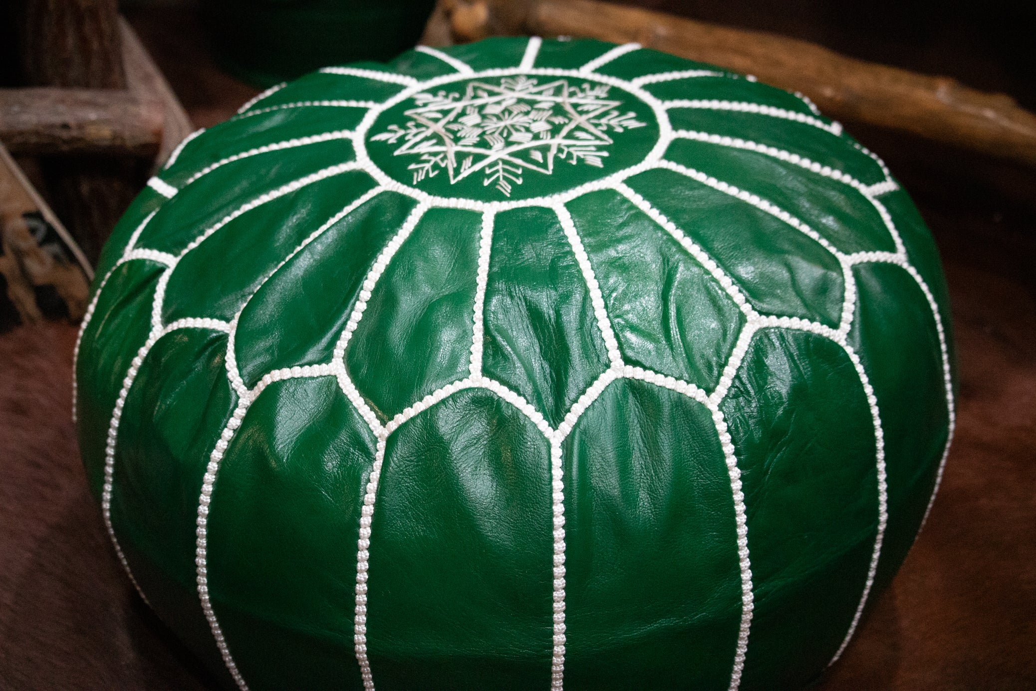 Moroccan Leather Pouf Ottoman White Stitching Details