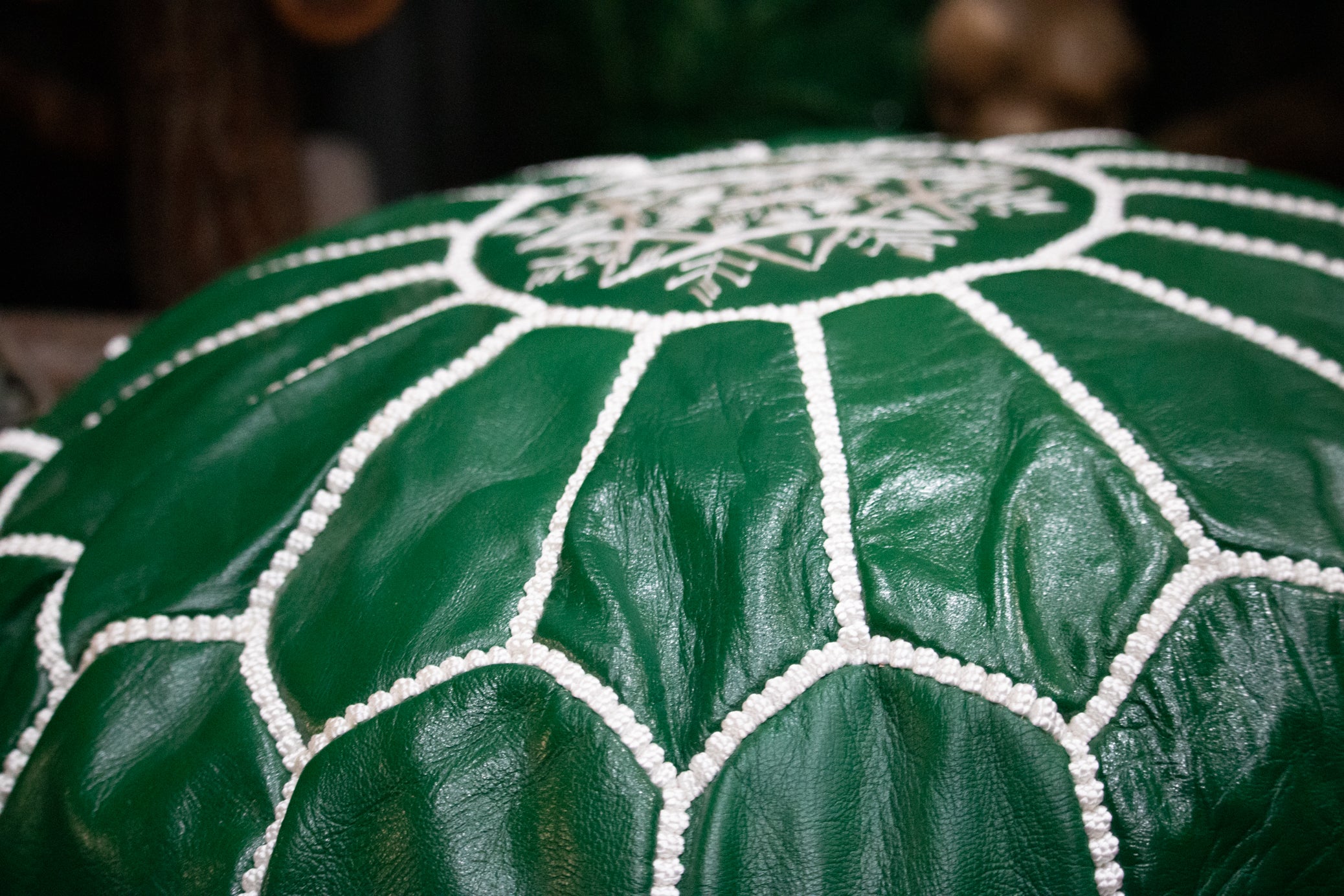 Moroccan Leather Pouf Ottoman White Stitching Details