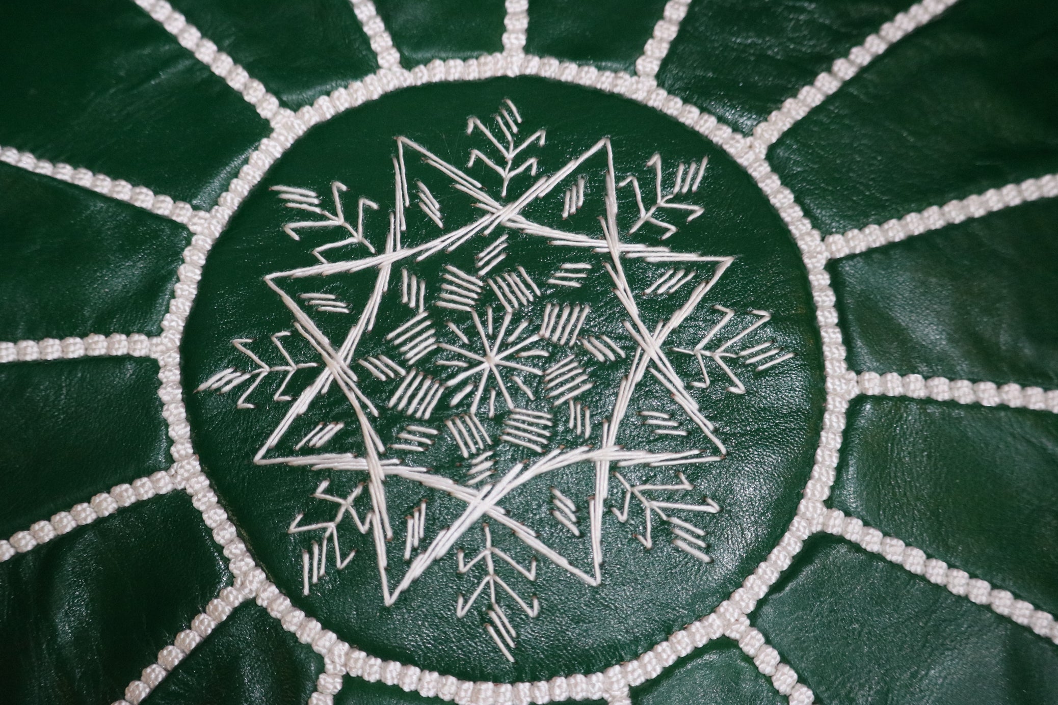 Moroccan Leather Pouf Ottoman White Stitching Details