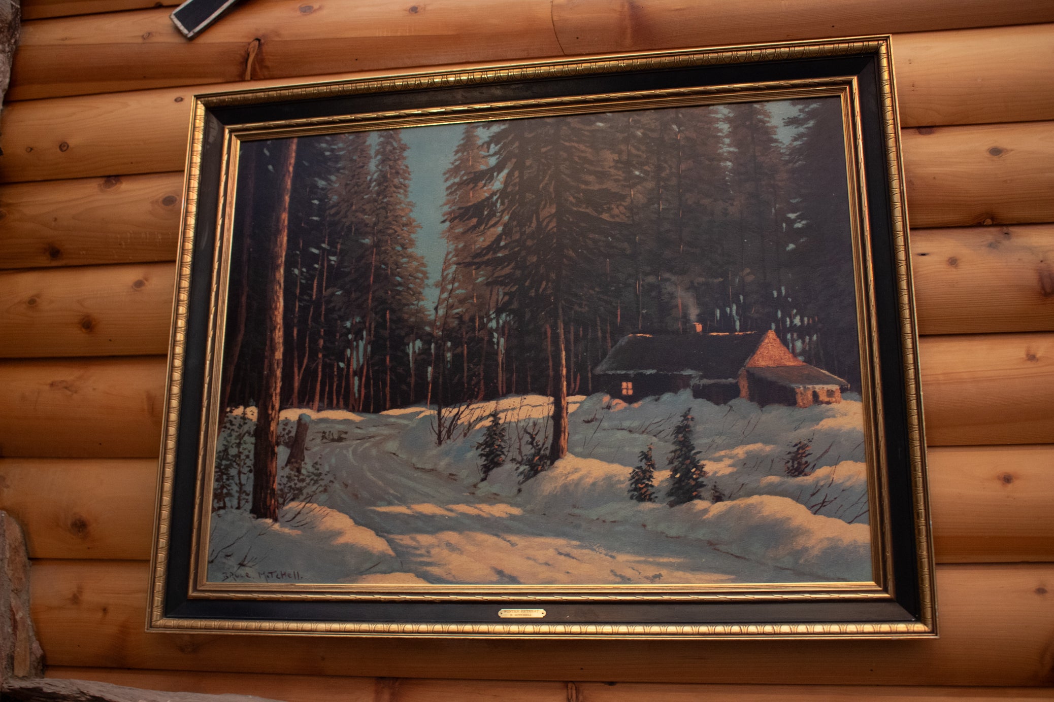 Bruce Mitchell Winter Retreat framed cabin snow painting large rustic wall art 36x48 inches