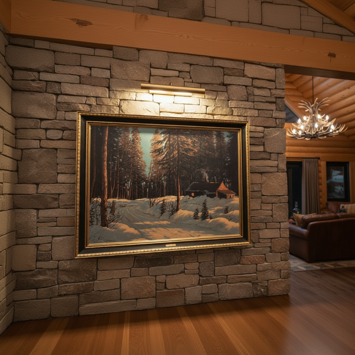 Bruce Mitchell Winter Retreat framed cabin snow painting large rustic wall art 36x48 inches