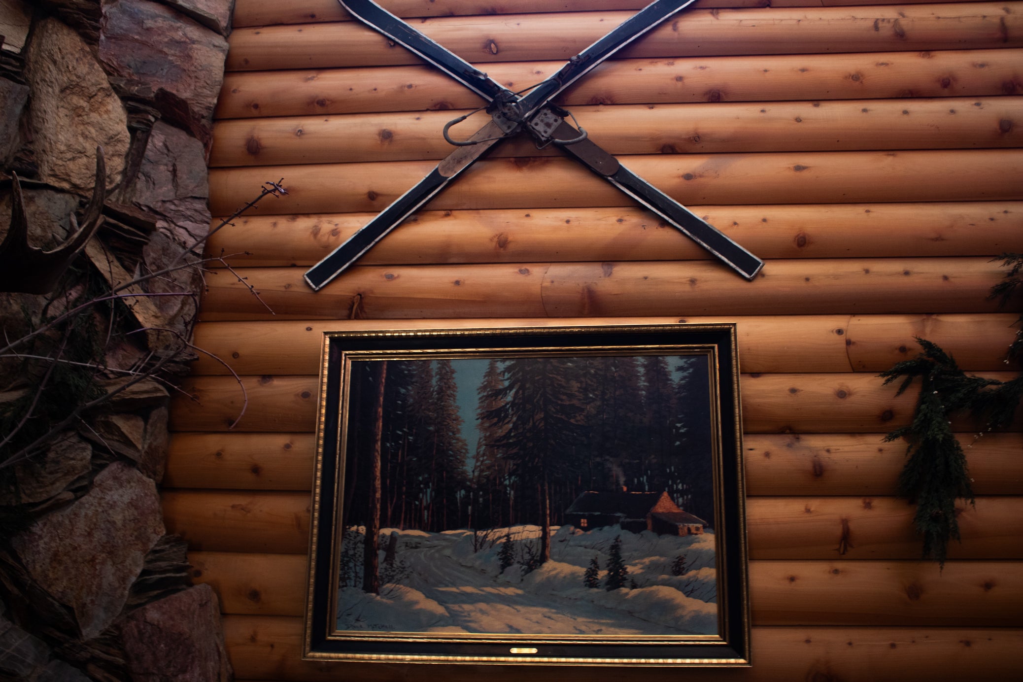 Bruce Mitchell “Winter Retreat” Framed Cabin Snow Painting – Large Rustic Winter Wall Art 36x48