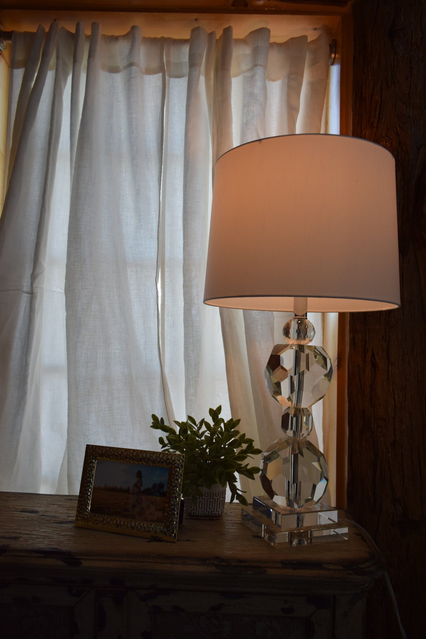 Genuine Crystal Ball Lamp with White Fabric Shade