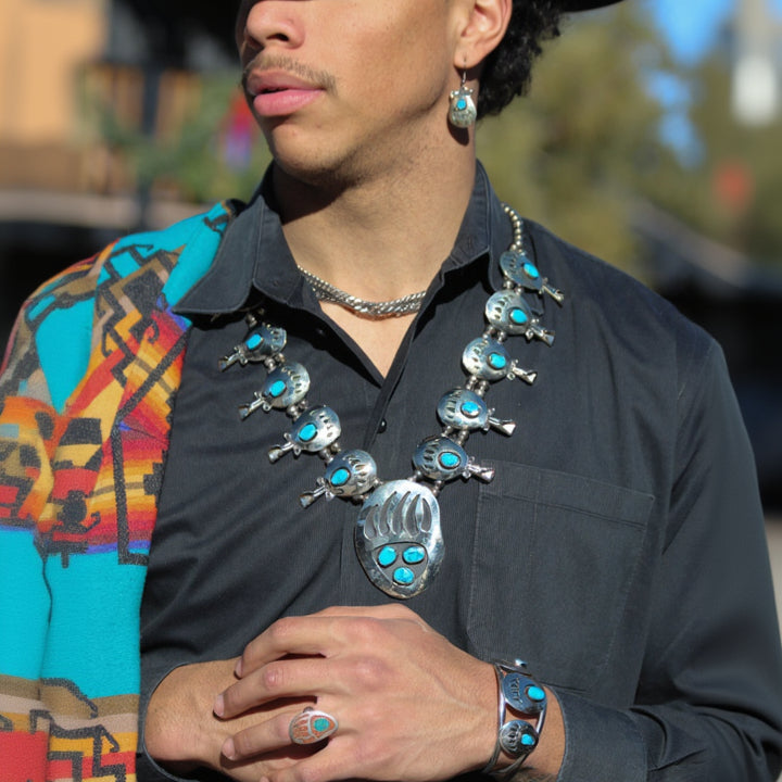 Enormous Bear claw Turquoise Squash Blossom Necklace set