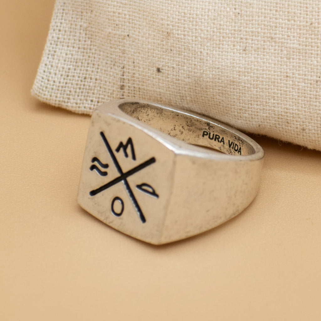 Pura Vida Men's Compass Signet Ring Silver Size 10