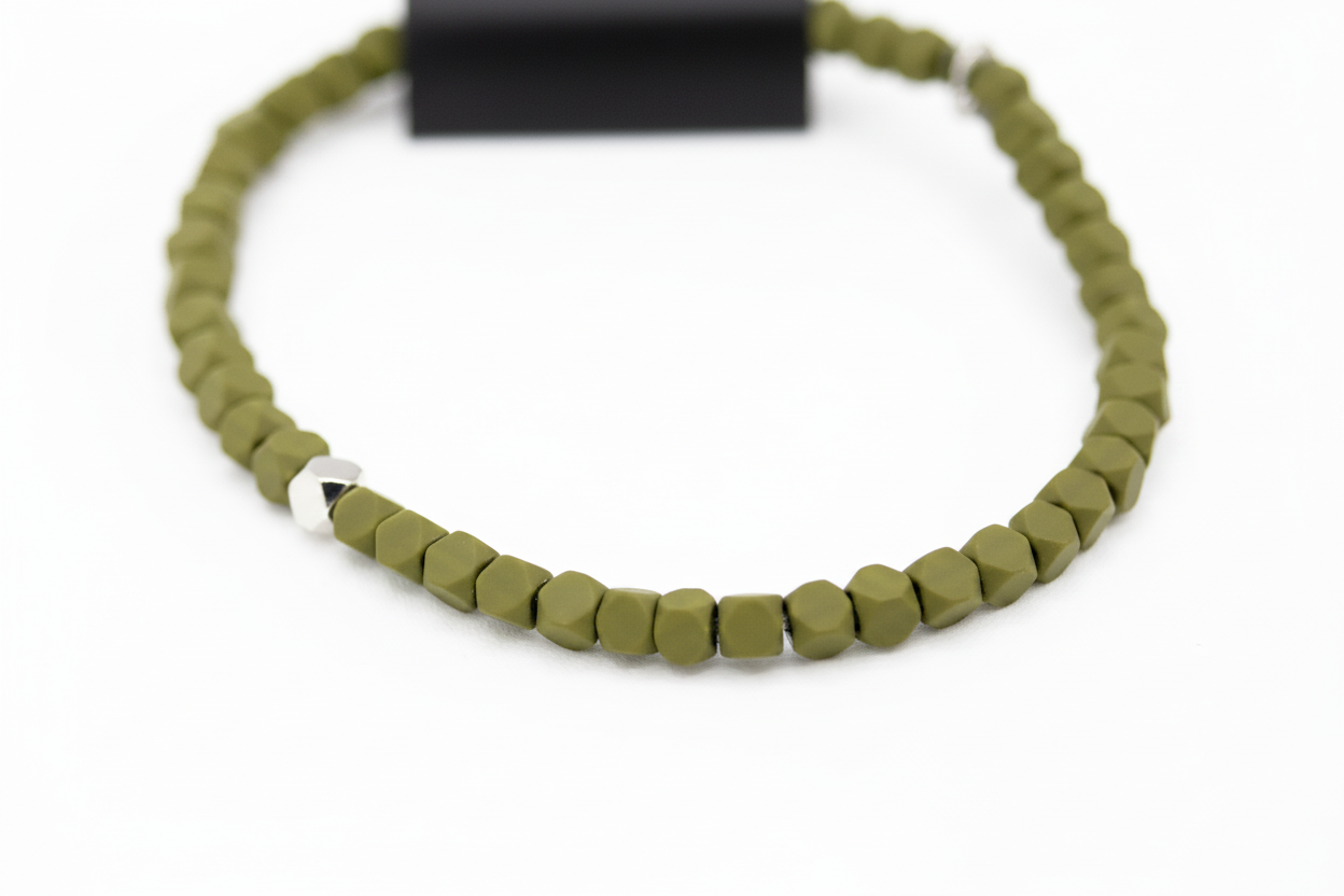 Pura Vida Men’s Olive Hematite Beaded Stretch Bracelet
