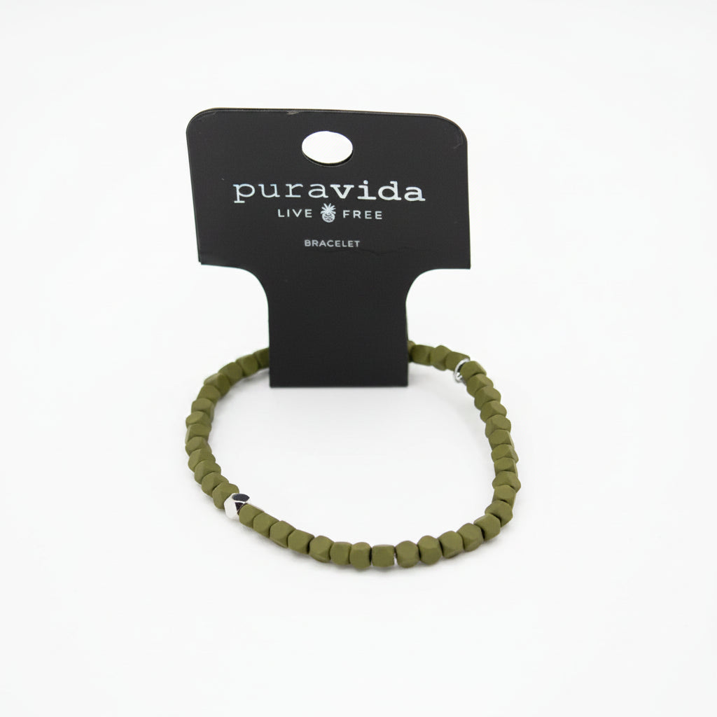 Pura Vida Men’s Olive Hematite Beaded Stretch Bracelet