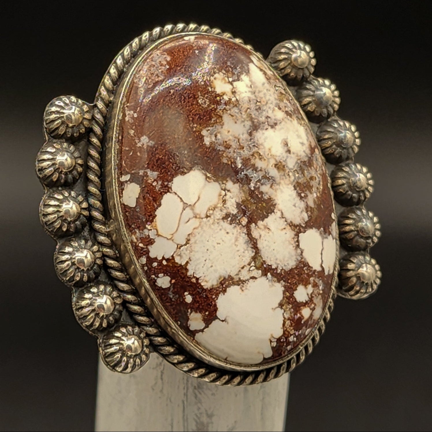 Large Natural Nevada White Horse Jasper and Silver Ring Size 7