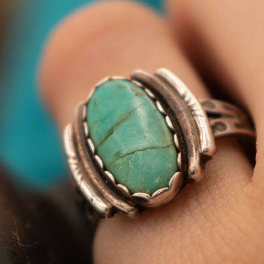 Vintage Navajo Sterling Silver Santa Rita Turquoise Gemstone Ring-Size 4