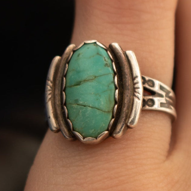 Vintage Navajo Sterling Silver Santa Rita Turquoise Gemstone Ring-Size 4