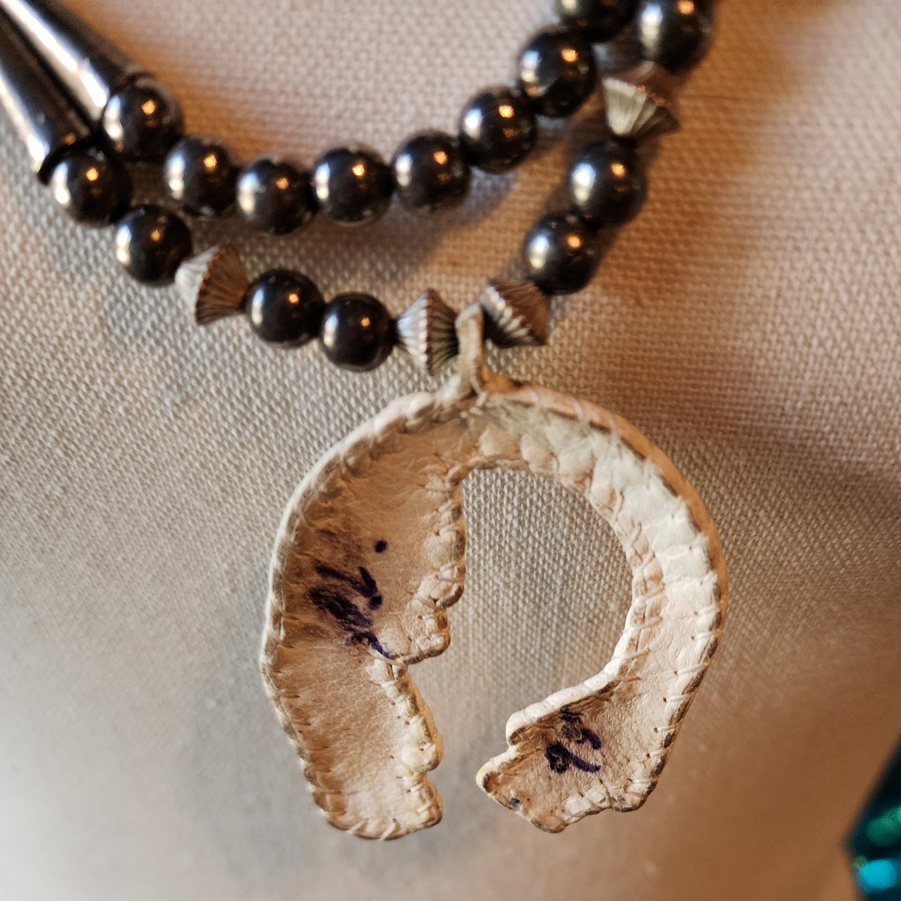 Vintage Hand-stitched On Deer Skin Yei Necklace With Navajo Pearls
