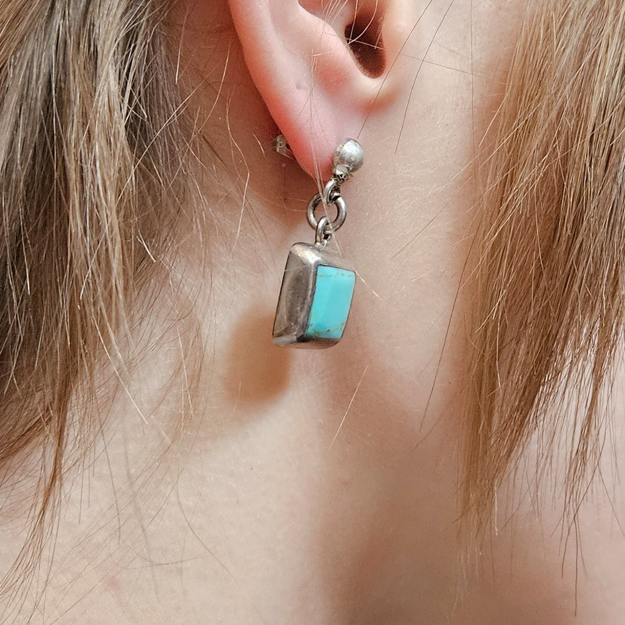 Timberline Turquoise Earrings with a Square Silver Border Handcrafted in Mexico