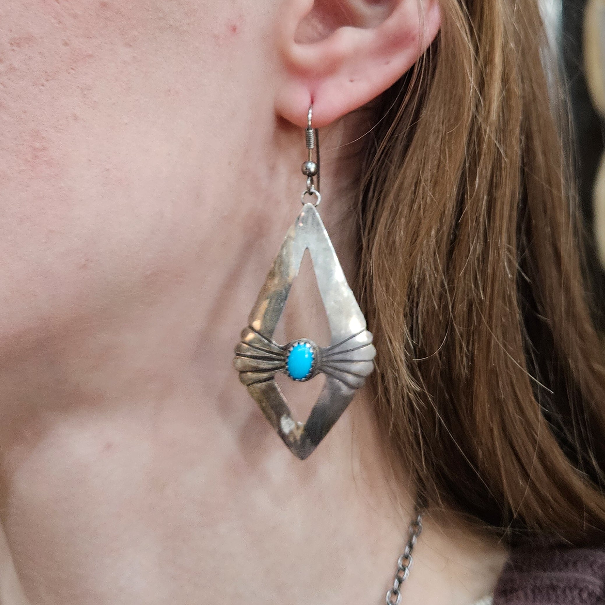 Vintage Navajo Turquoise Sterling Dimond Shaped Silver Dangle Earrings