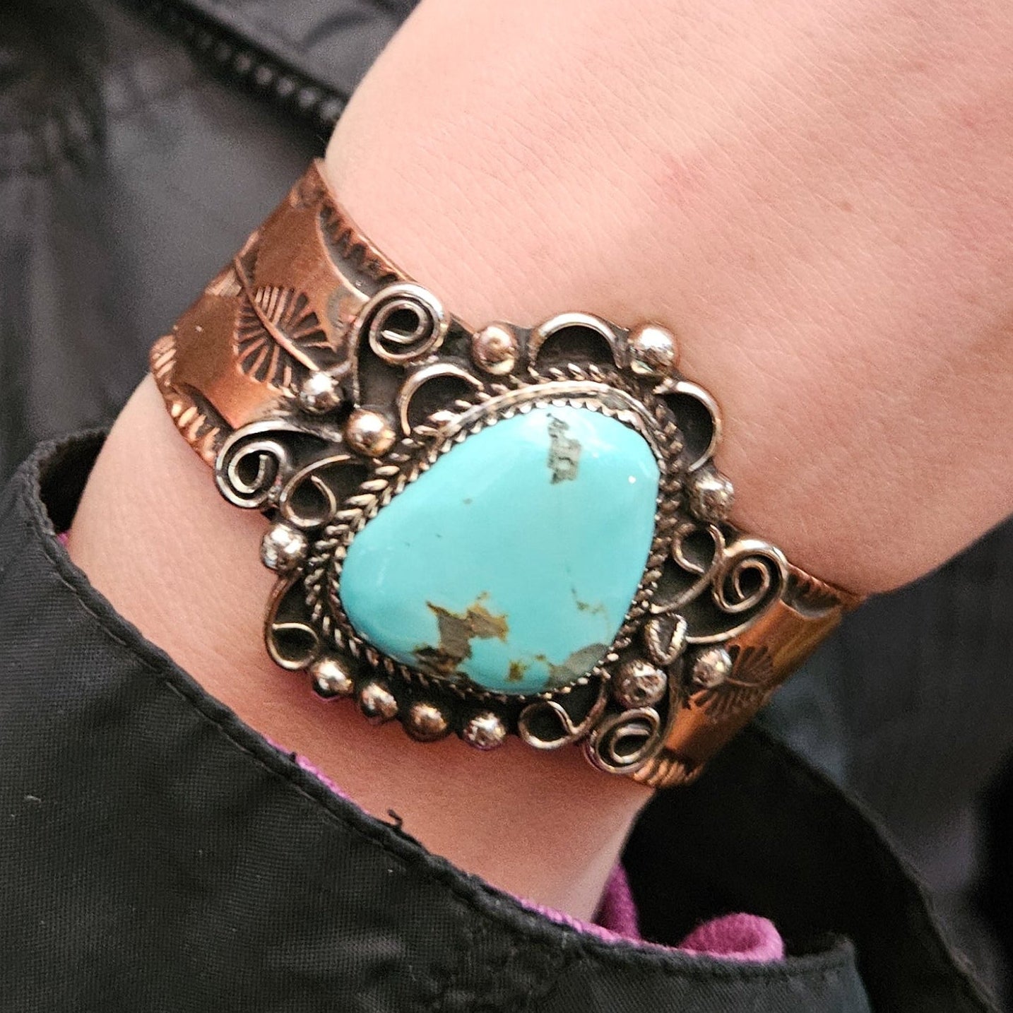 Navajo Indian Copper & Turquoise Cuff Bracelet by Cleveland