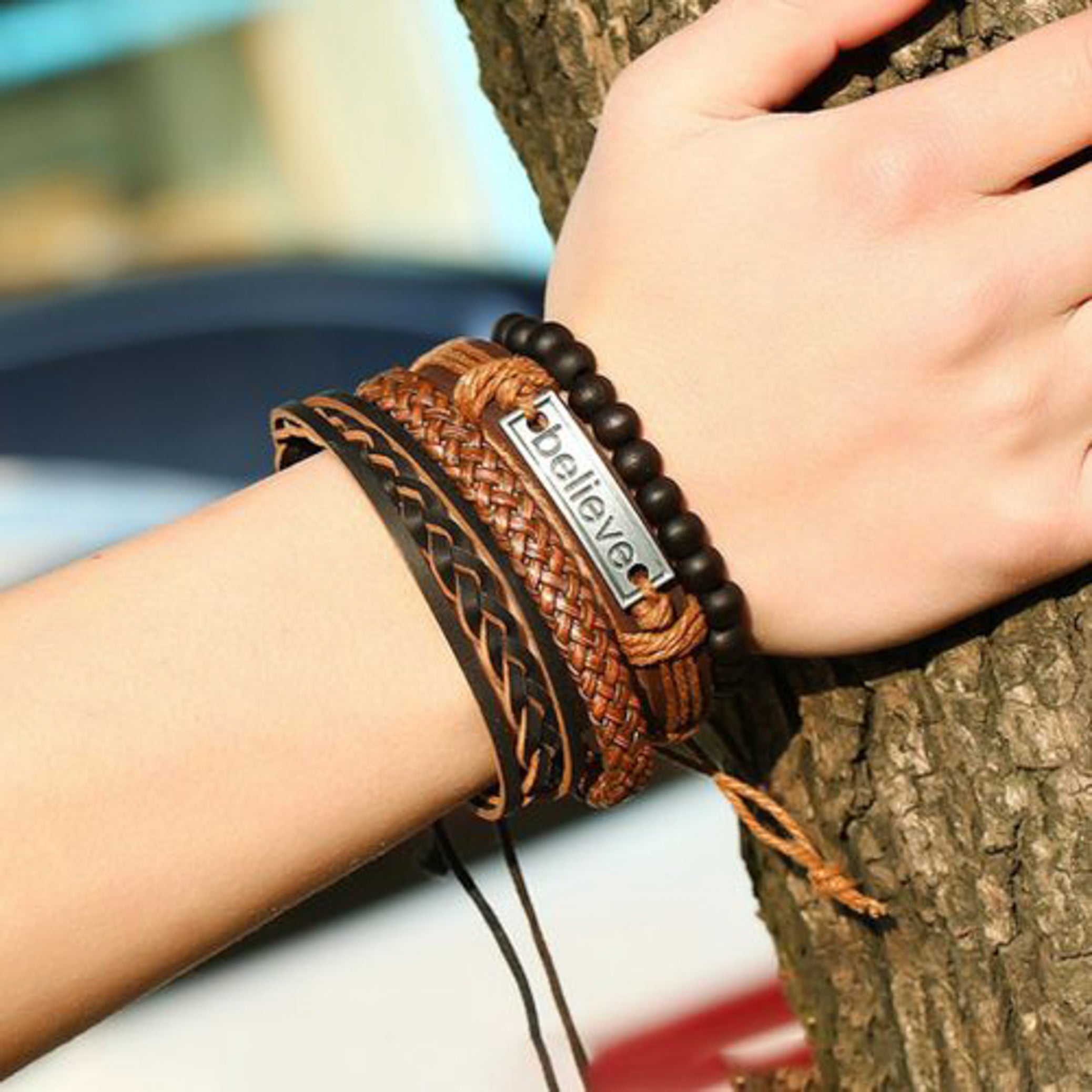 Fashion Jewlery Men's Retro Woven Leather Bracelet Set