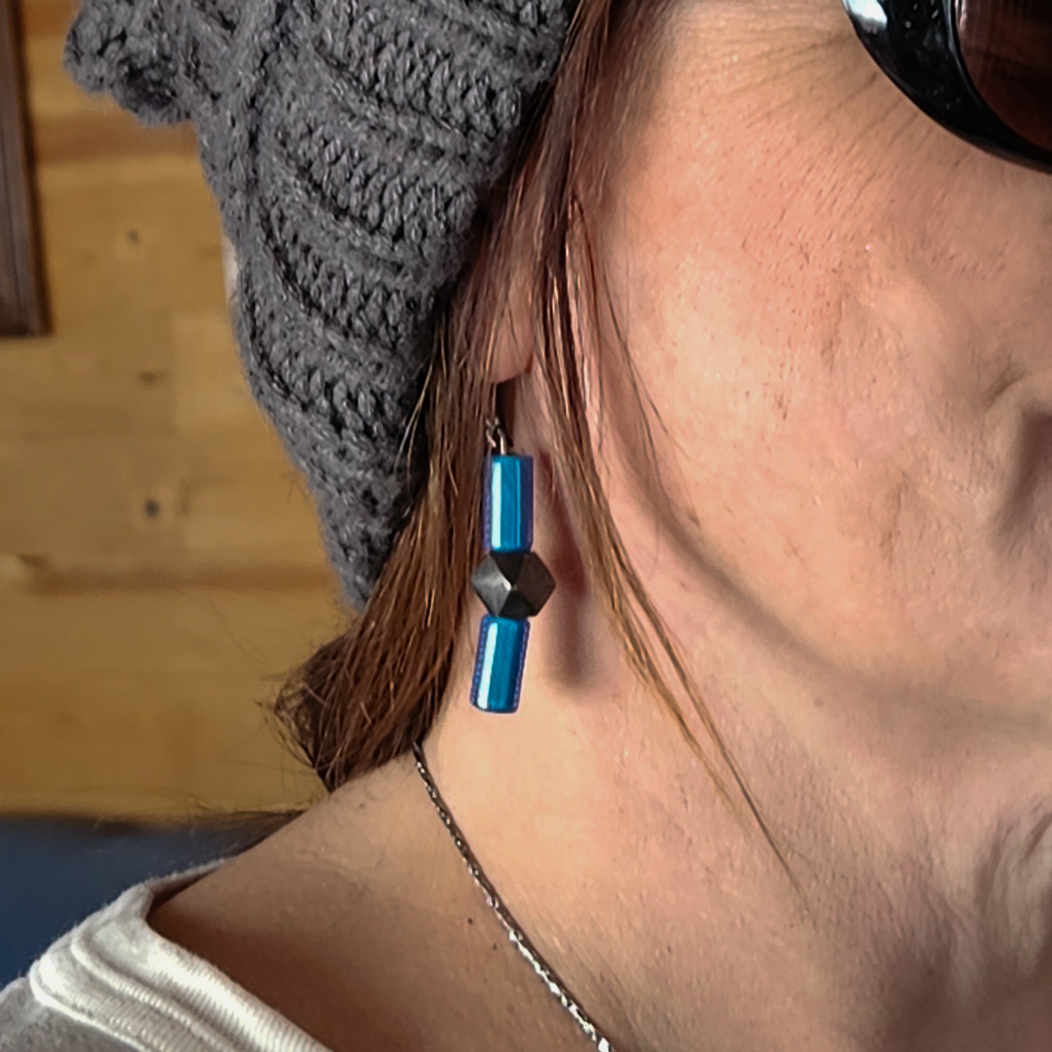Blue Beaded Dangle Earrings Boho Geometric Drop Earrings Rustic Statement Jewelry