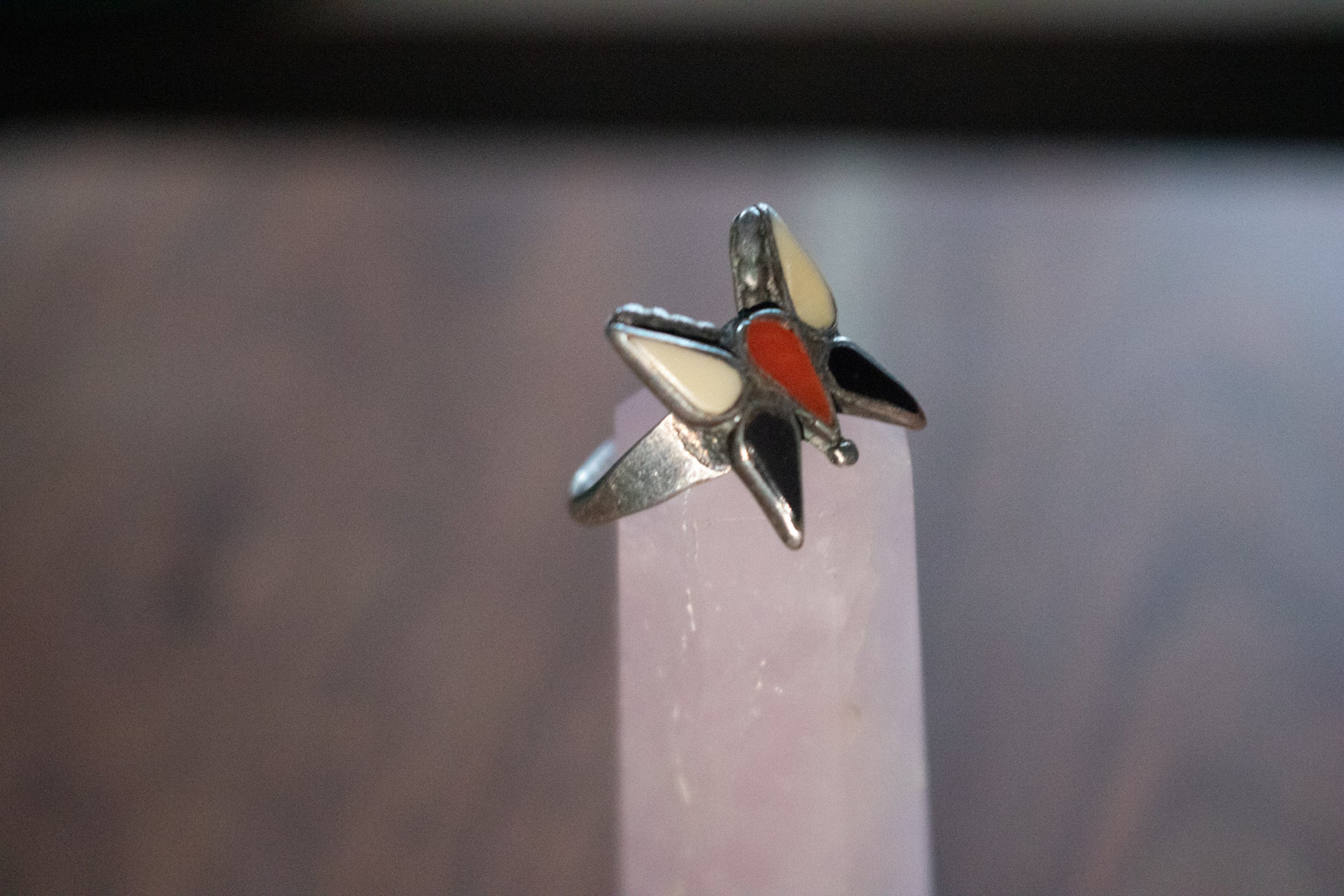 Navajo Red Coral, Ivory, and Black Obsidian Butterfly Style Ring Size 4.5